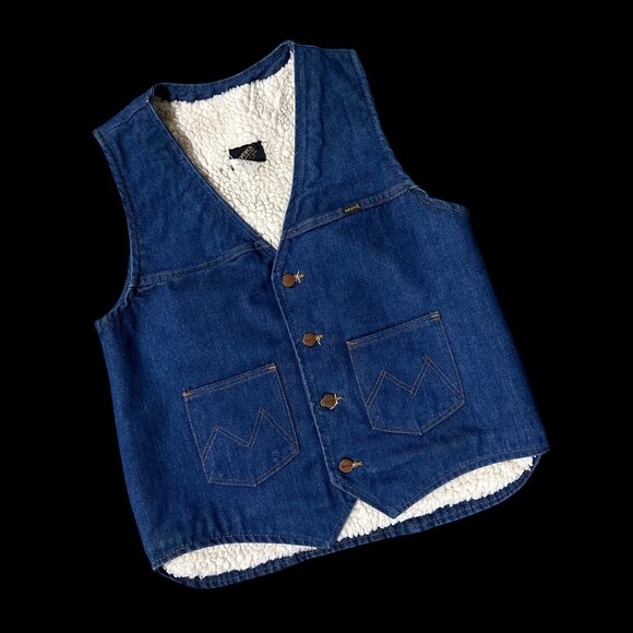 Vintage Denim Vest Sherpa Lined 1970s Maverick Size Large Jean Jacket Western - Picture 1 of 8